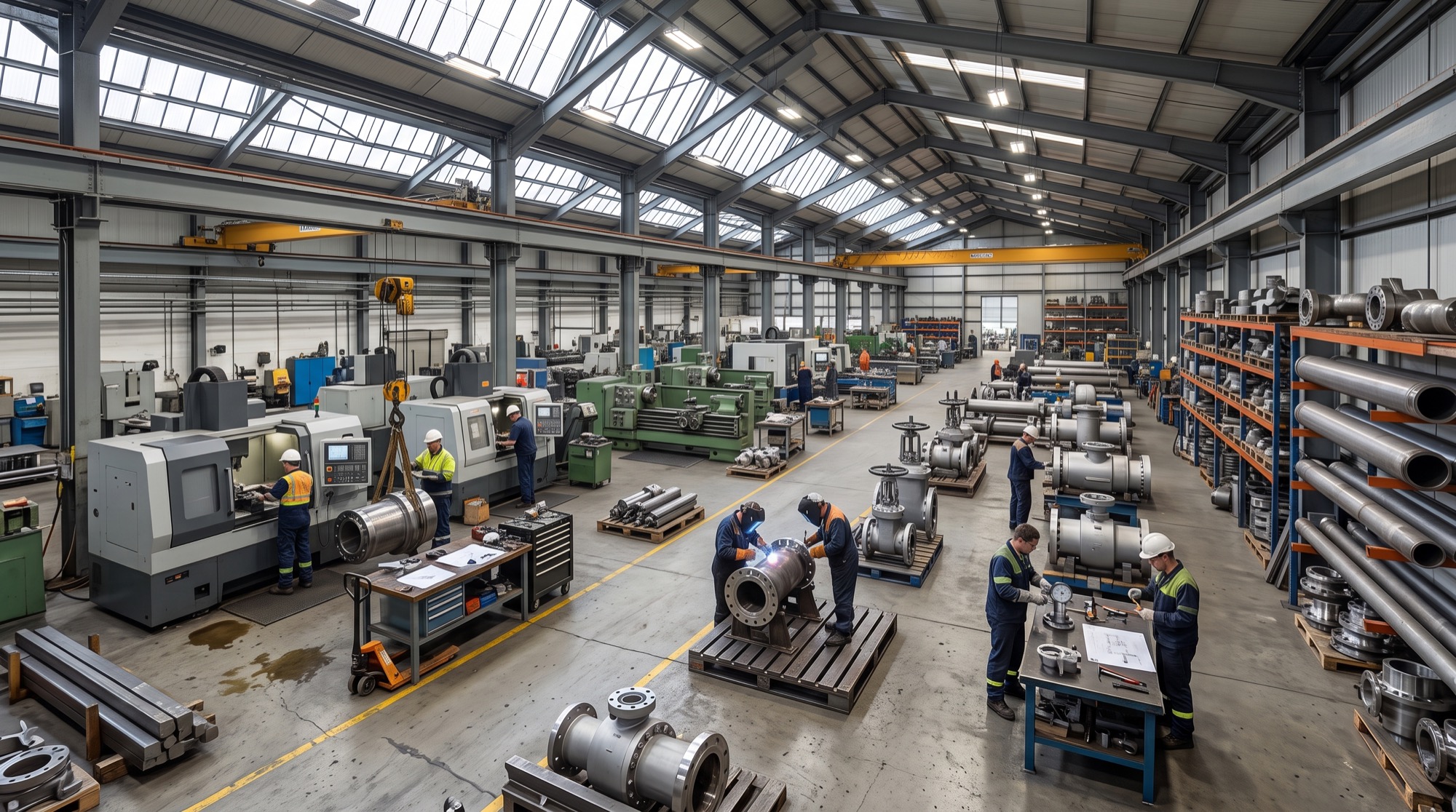 Engineers inspecting valves and pipeline components on a factory floor